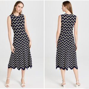 Shoshanna Navy and Cream Zigzag Midi Dress